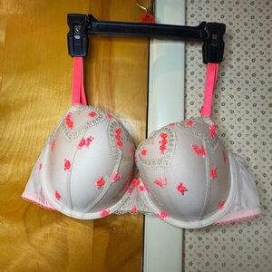 Victoria's Secret Beige Bra with Neon Pink Floral Design